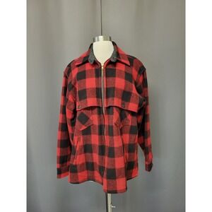 Vintage Johnson Woolen Mills Jacket Red Black Buffalo Plaid Cruiser Wool Zip Lg
